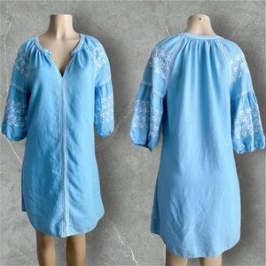 Gap Linen Dress Floral Embroidered Puff Sleeves Teal Blue Western Easter Boho S